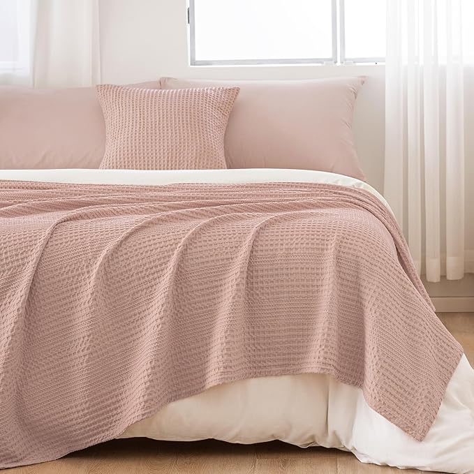 PHF Lightweight Waffle Weave Blanket Twin Size, Breathable & Ultra Soft, 66"x 90" Soft & Cozy Thin Blanket for All Season & Hot Sleepers, Bed, Home Decor - Rose Pink