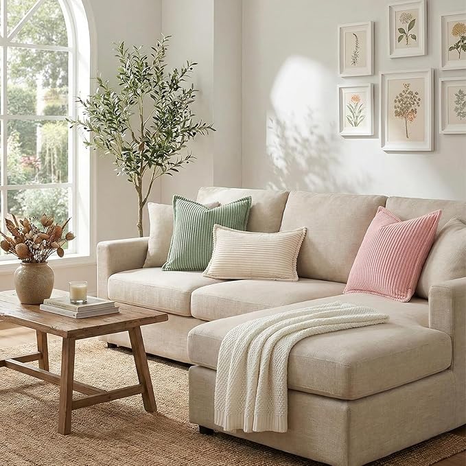 Mecatny Corduroy Throw Pillow Covers 12x20 Set of 2, Neutral Decorative Soft Boho Lumbar Couch Pillow Covers with Broadside for Sofa Living Room, Sage Green