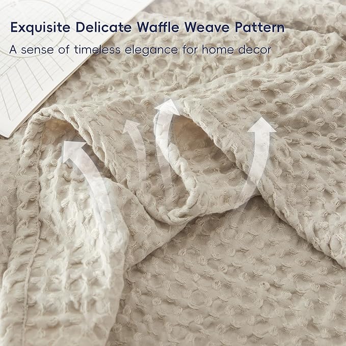 PHF Ultra Soft Waffle Weave Blanket Twin Size 66"x 90"- Washed Lightweight Breathable Cozy Woven Blanket for Bed - Aesthetic Decor for Couch Bedding Sofa Home Car - Light Khaki/Linen