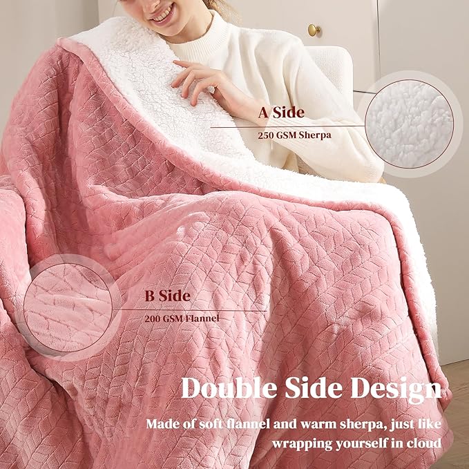 Twin Electric Blanket 62"x84" Heating Blanket Twin, Wheat Pattern Ultra-Soft Flannel & Thick Sherpa with 5 Heat Settings & 10 Hour Auto Shut-Off, ETL & FCC Certified, Machine Washable Home Use, Pink