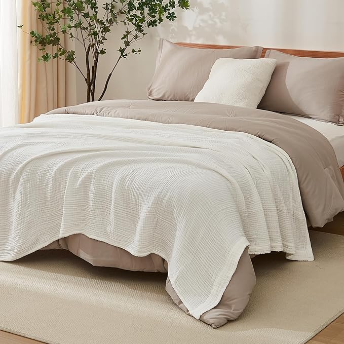 EMME Cotton Muslin Throw Blanket for Couch Breathable Gauze Soft Lightweight Blankets for Adults (White,50"x60")