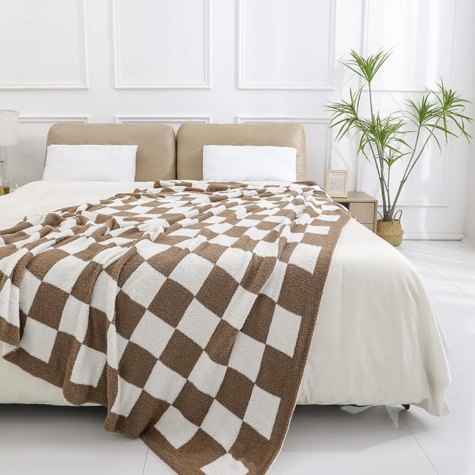 bearberry Fuzzy Checkerboard Grid Throw Blanket Soft Cozy Warm Microfiber All Season Blanket Decor for Couch Sofa Bed Travel Home (Mocha, 50''x60'')