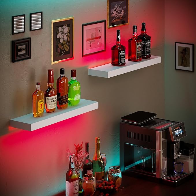 BAMEOS Floating Shelves with RGB LED for Wall, Sturdy Shelves with Light, Wall Mounted Display Shelves, Set of 2, Hanging Shelf for Bathroom, Bedroom, Kitchen, Living Room Storage, White
