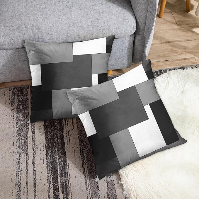 Emvency Set of 2 Grey Geometric Throw Pillow Cover Black Gray White Painting Abstract Checkered Design Decorative Pillow Case Modern Home Decor Standard Square 20x20 Inch Cushion Pillowcase