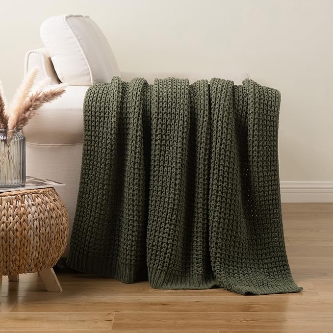 Bunnikins & Clover Olive Green Throw Blanket for Couch, Waffle Knit Blanket Throw, Super Soft Warm Dark Green Throw Blanket for Home Decor,Sofa and Living Room, 60"x80"