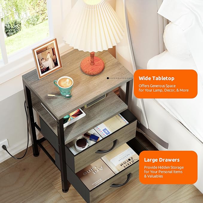 NightStand Bedside Charging Table Bedroom - Night Stand with Charger Station, Modern Nightstand with Open Shelf & 2 Fabric Drawers, End Table with USB-C USB Ports & AC Outlets for Dorm, Grey