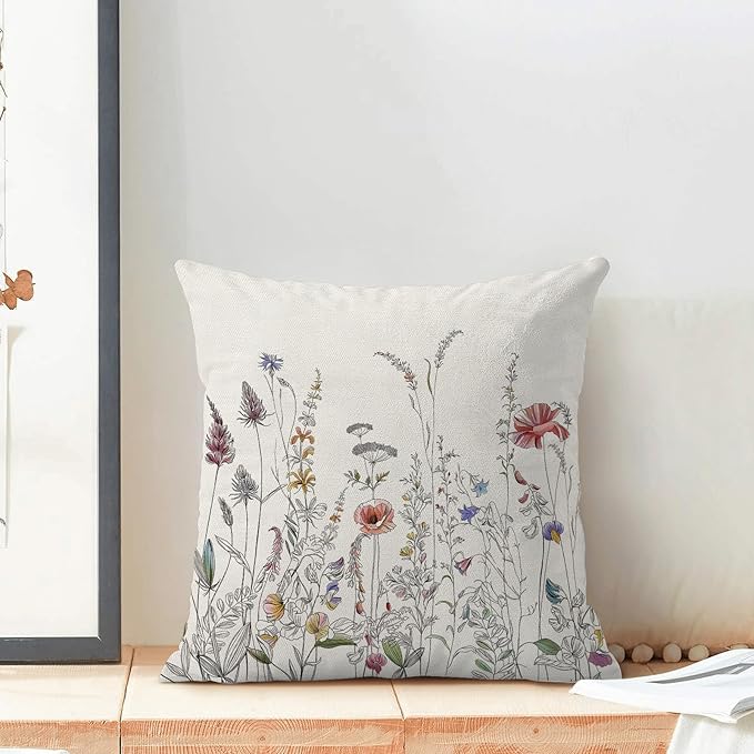 AEIOAE Spring Pillow Covers 16x16 Inch Set of 2, Black Wild Flower Throw Pillows Case,Colorful Seasonal Floral Plant Outdoor Decorative Farmhouse Decor Cushion Covers for Home Sofa Bed Couch