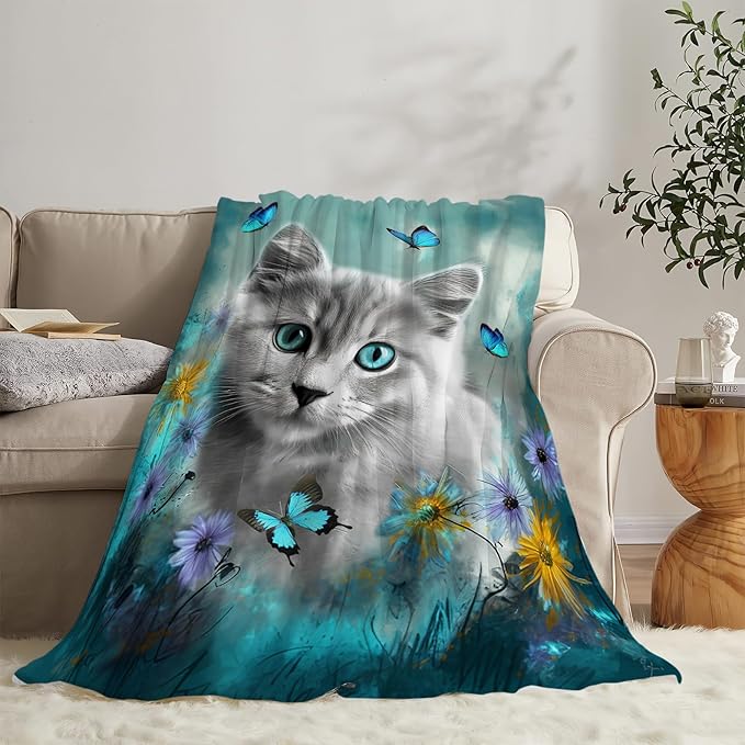 Cute Cat with Blue Butterfly Throw Blanket - Ultra Soft Cozy Fleece Kitten Blanket for Girls, Women & Kids - 60"x80" Cat Lover Gifts
