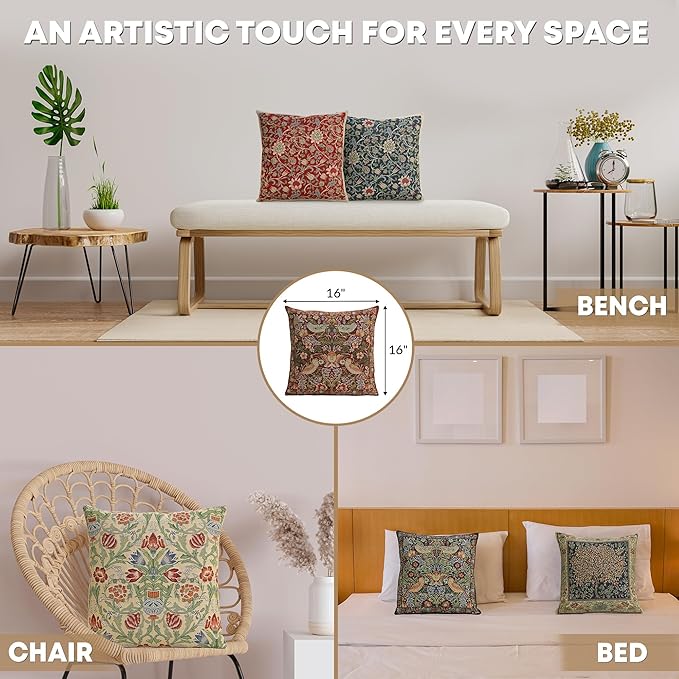 Charlotte Home Furnishings Throw Pillow Covers 16x16 in Red Strawberry Decorative Couch Pillow Covers Boho European Tapestry Cushion Cases Living Room Cozy Home Decor Jacquard Woven Soft Cotton