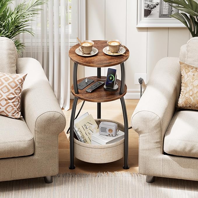 Side Table with Charging Station, Small Round End Table with Basket, USB Port and Outlet, 3 Tiers Sofa Couch Table Bedside Table for Living Room Bedroom, Small Spaces, 11.81in Rustic Brown