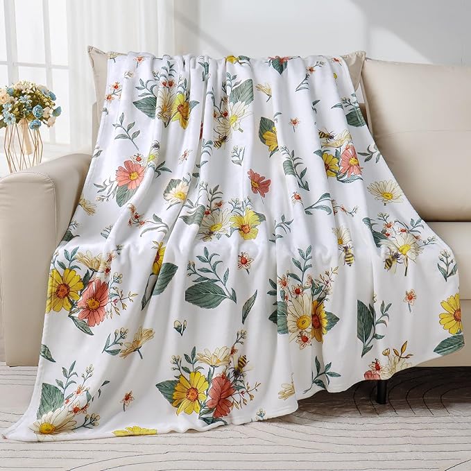 Floral Flower Throw Blanket Bee Flannel Fleece Throw Blanket Botanical Plant Cozy Fuzzy Plush Throw Blankets for Bed Chair Couch 60" X 80"