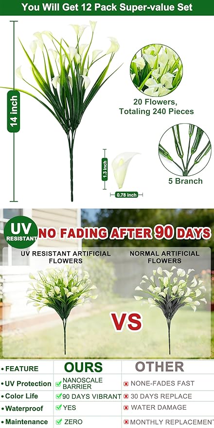 TURNMEON 12 Bundles Calla Lily (240 Heads) Artificial Flowers for Outdoors, Fake Plants UV Resistant Faux Plastic Fake Flowers for Indoor Planter Home Porch Yards Spring Summer Cemetery Decor(White)
