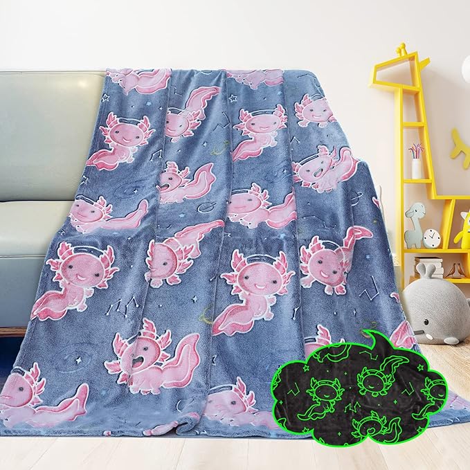Axolotl Blanket Glow in The Dark for Girls, Axolotl Gifts Toys for Kids Teens Girls Easter, Soft Cozy Plush Fleece Throw Blankets for Couch & Bed Graduation Decor, Travel, Birthday Gifts 50x60inch