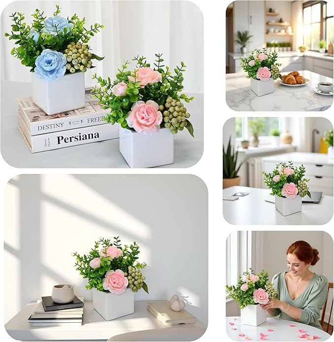 LADADA Artificial Pink Peony Flowers with Eucalyptus and Green Berries in White Square Vase - Fake Floral Arrangement for Home Decor, Table Centerpiece, Bathroom, Office, Wedding, Farmhouse Decor