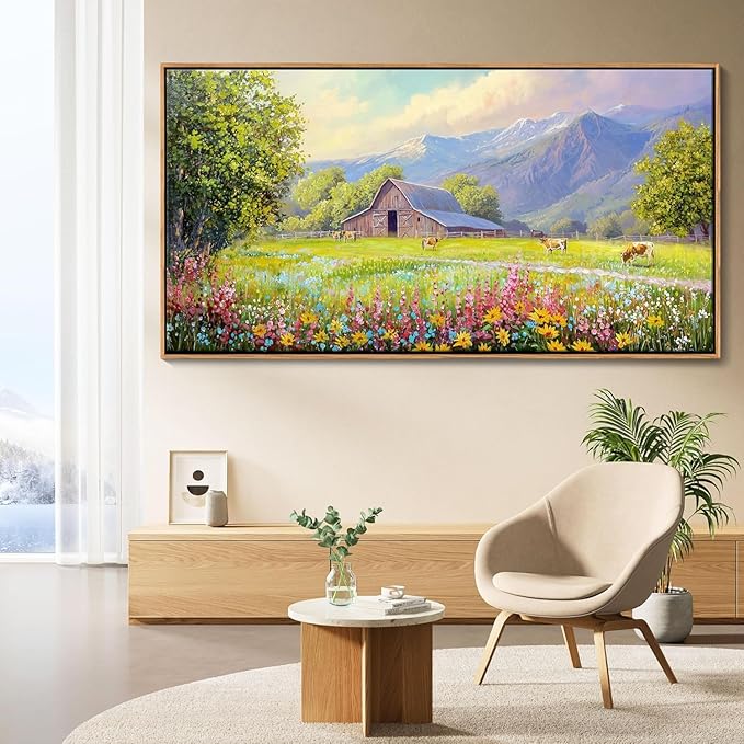 AJAZIKO Rustic Mountain Wall Art - Farmhouse Landscape Wall Decor with Highland Cow & Floral Art - Nature & Country Artwork for Living Room, Bedroom & Walls - Framed Flower Pictures for Home 20x40IN