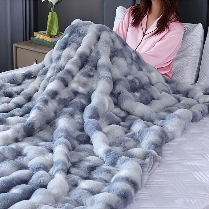 Tie-Dye Blue Faux Fur Throw Blanket for Couch, Double-Sided Bubble Textured Plush Throw with Soft Flannel Back, Machine Washable, 60 x 80, 860 GSM