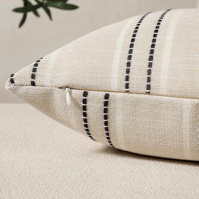 Hckot Throw Pillow Covers 24x24 Set of 2 Striped Pillow Covers Textured Linen Decorative Pillows Square Cushion Covers for Sofa Couch Bed Living Room Farmhouse Decor,Black