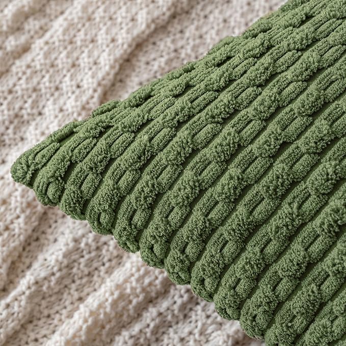 MIULEE Pack of 2 Decorative Lumbar Throw Pillow Covers 12x20 Inch Soft Boho Striped Textured Corduroy Pillow Covers Modern Farmhouse Home Decor for Couch Bed Sofa Living Room Moss Green