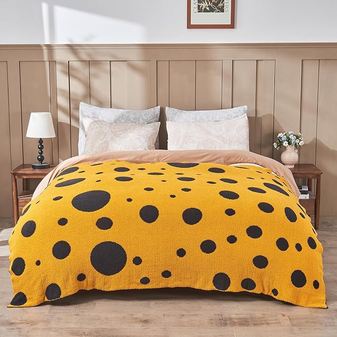 CozeCube Super Soft Fullfy Microfiber Reversible Knitted Blankets, Warm Cozy Fuzzy Plush Throw, Black and Yellow Polka Dot Throw Blanket for Couch Bed Sofa, 50" x 60"