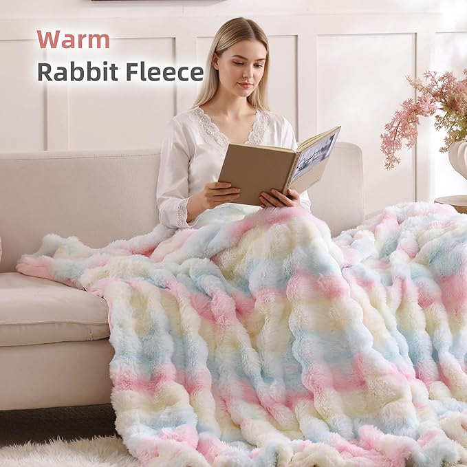 Smoofy Faux Fur Throw Blanket for Couch – Rainbow Fluffy Cozy Rabbit Fleece, Plush Soft Bubble Blanket for Sofa & Bed, for Mom, Warm Fuzzy Home Room Decor Throw 50" x 60"