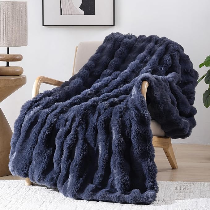 Smoofy Faux Fur Throw Blanket for Couch – Navy Blue Fluffy Cozy Rabbit Fleece, Plush Soft Bubble Blanket for Sofa & Bed, for Mom, Warm Fuzzy Home Room Decor Throw 60" x 80"