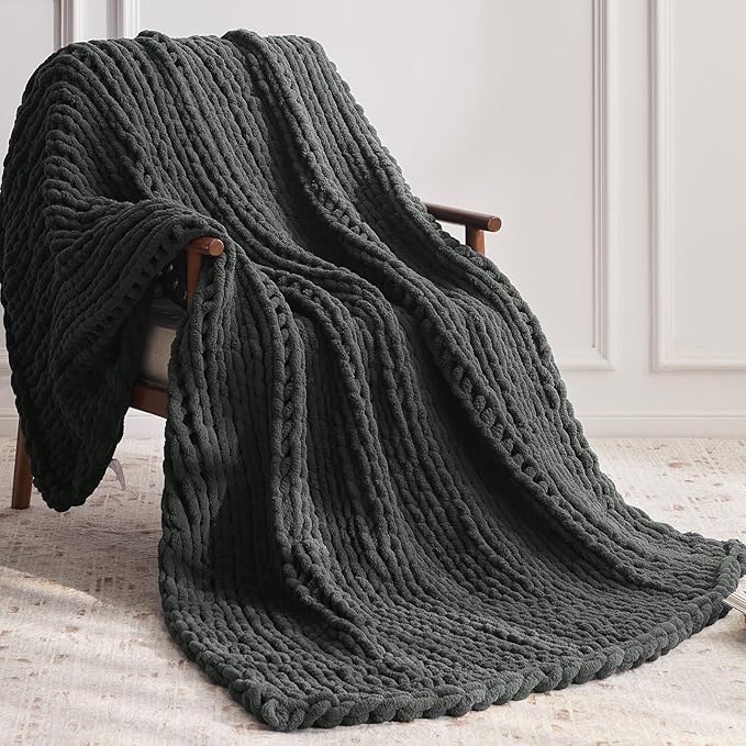 Chunky Knit Throw Blanket, 80''*90'' Knitted Throw Chenille Yarn for Bed Couch, Handmade Dark Grey Crochet Big Thick Blanket, Machine Washable Cute Comfy Blanket for Home Decor
