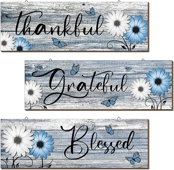 Geetery 3 Pcs Thankful Grateful Blessed Wooden Signs Rustic Daisy Wood Wall Decor Inspirational Wall Art Signs Rustic Wooden Hanging Decorations for Bedroom Kitchen Living Room Bathroom Home (Blue)