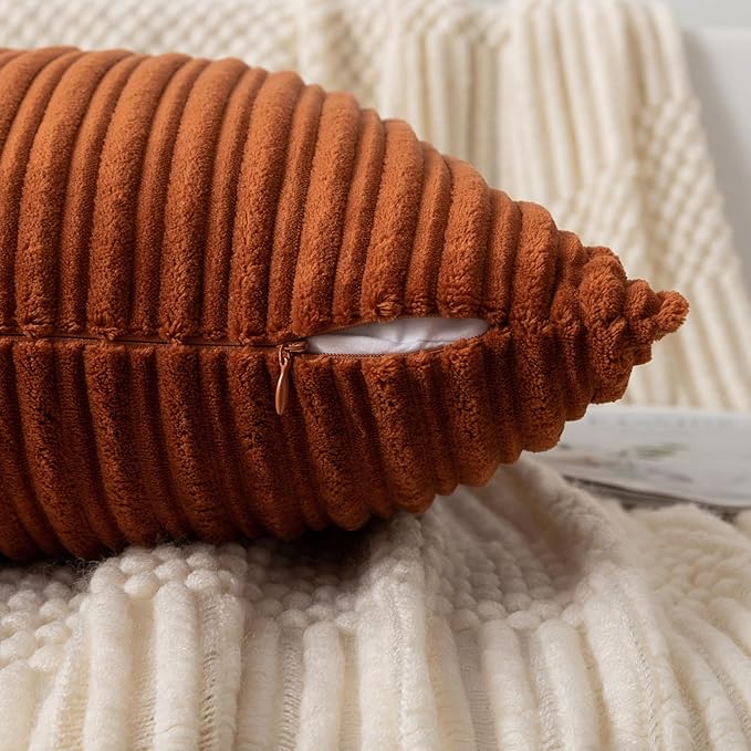 UGASA Fall Velvet 12x20 Inch Lumbar Soft Throw Pillow Covers Decorative Corduroy Striped Both Sides Solid Rectangular Cushion Cases Boho Farmhouse for Couch Bedroom Sofa Home, Pack of 2, Burnt Orange
