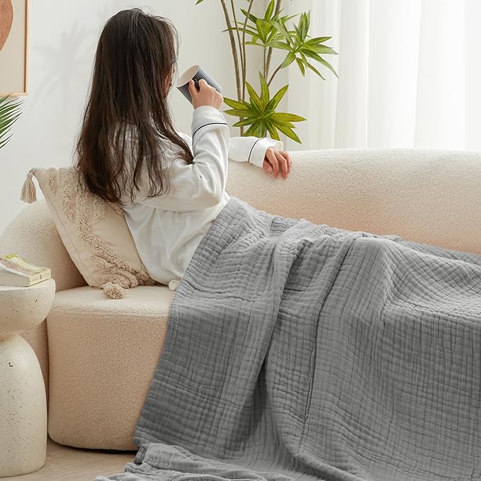 Love's cabin 100% Cotton Muslin Blanket, 6 Layer Lightweight Breathable Gauze Large Throw Blanket 50 x 70 Inches, Soft Cooling All Season Blanket for Couch or Sofa, Medium Grey