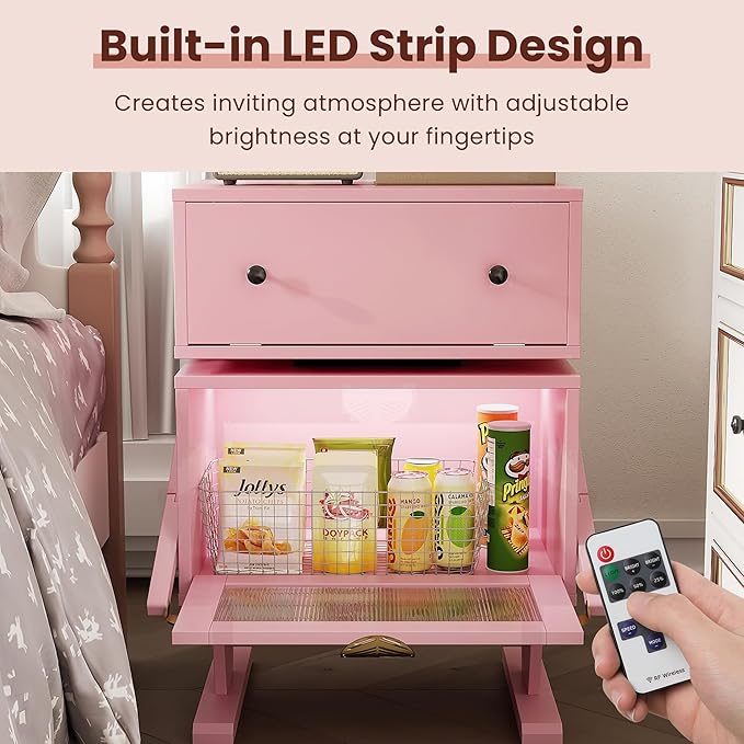 RoyalCraft Nightstand with LED Light Strips, Pink End Table with 360° Rotating Drawer, Modern Bedside Table with Glass Door Storage, Wood Night Stand Cabinet for Bedroom, Home Office, Pink