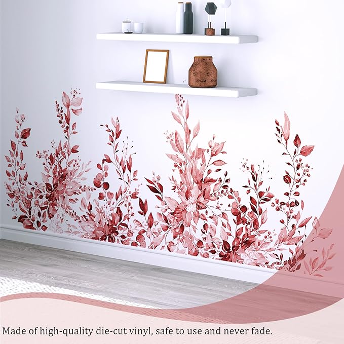 Burgundy Red Plants Leaves Wall Decals Peel and Stick, Large Floral Flowers Vinyl Wall Stickers, Removable Vine Home Decor Art for Bedroom Living Room Classroom Office