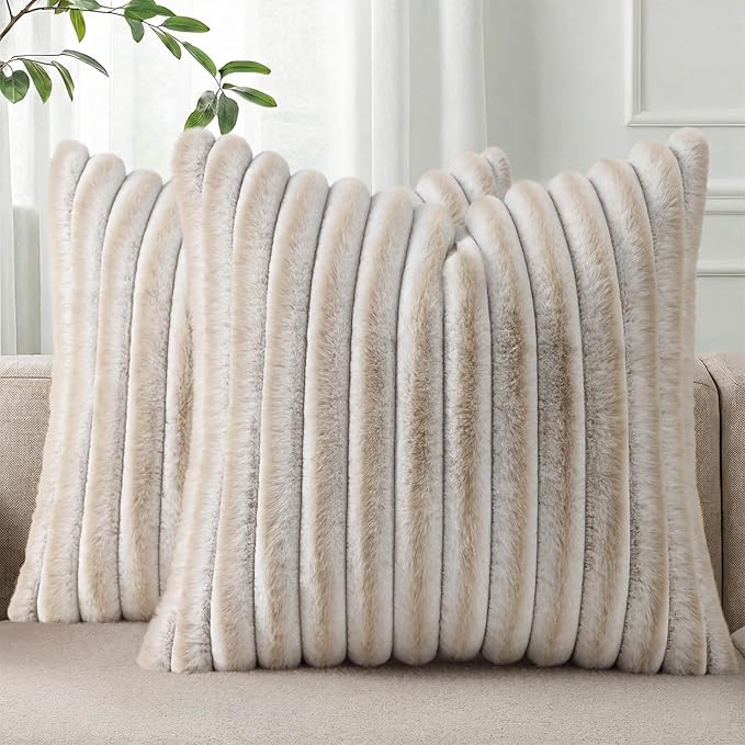 Pallene Faux Fur Plush Throw Pillow Covers 18x18 Set of 2, Luxury Soft Fluffy Striped Decorative Pillow Covers for Sofa, Couch, Living Room, Ombre Beige