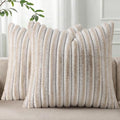 Pallene Faux Fur Plush Throw Pillow Covers 18x18 Set of 2, Luxury Soft Fluffy Striped Decorative Pillow Covers for Sofa, Couch, Living Room, Ombre Beige