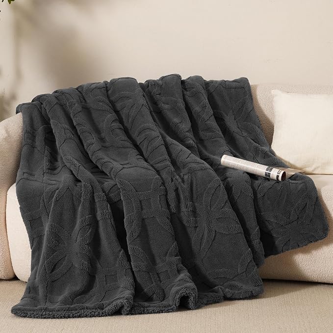 PHF Soft Sherpa Fleece Throw Blanket for Couch, 510GSM Fleece Lightweight Yet Warm Blanket, No Shed No Pilling, 50" x 60", Tufted Jacquard Cozy Thick Bed Throw for Home Decor Christmas, Dark Grey