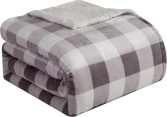 Elegant Comfort Ultra Soft Reversible Buffalo Plaid Flannel Sherpa Blanket - Cozy Silky Checkered Fleece Throw for Couch, Bed - Plush Fuzzy Warm Winter Blanket for Gift, King, Gray