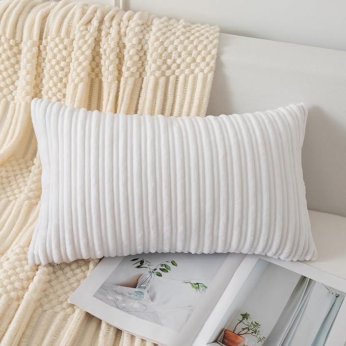 UGASA 14x24 Inch Pillow Cover Pack of 1 Soft Boho Stripe Corduroy Long Rectangular Lumbar Cushion Cover Farmhouse Decorative Throw Pillowcase for Bed, Couch, Sofa, Bedroom, Living Room, Pure White