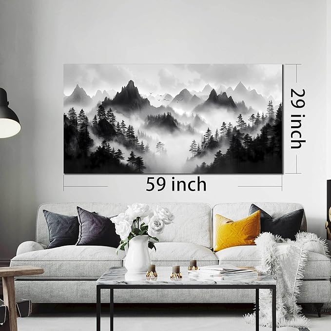 Forest Pictures Wall Art for Living Room Large Size - Mountain Landscape Art Wall Decor for Bedroom - Black and White Canvas Wall Art Size 29" x 59"