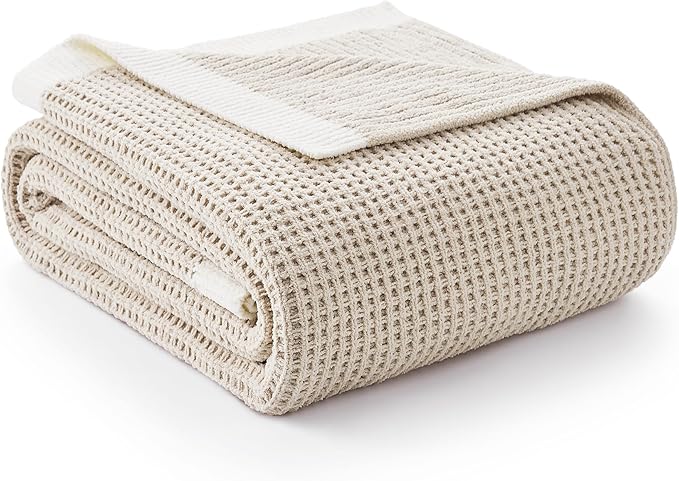 Amélie Home Waffle Throw Blanket for Couch Twin, Soft Cozy Chenille Knit Blanket Warm Decorative Throw for Sofa, Bed, Living Room, 60"x80", Beige
