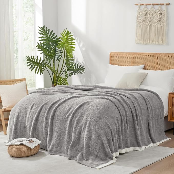 Snuggle Sac Grey Bedding Blankets Queen Size 90x90 inches, Reversible Microfiber Fluffy Fuzzy Soft Throw Cozy Knit Blanket for Women Mothers Birthday Gifts
