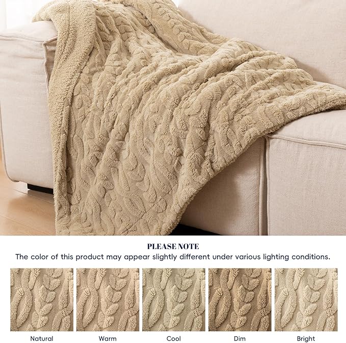 PHF Fluffy Sherpa Blanket King Size for Winter, Warm and Soft, 510GSM 3D Jacquard Thick Shaggy Fleece Plush Blanket for Sofa Bed, Khaki, 108"x90"