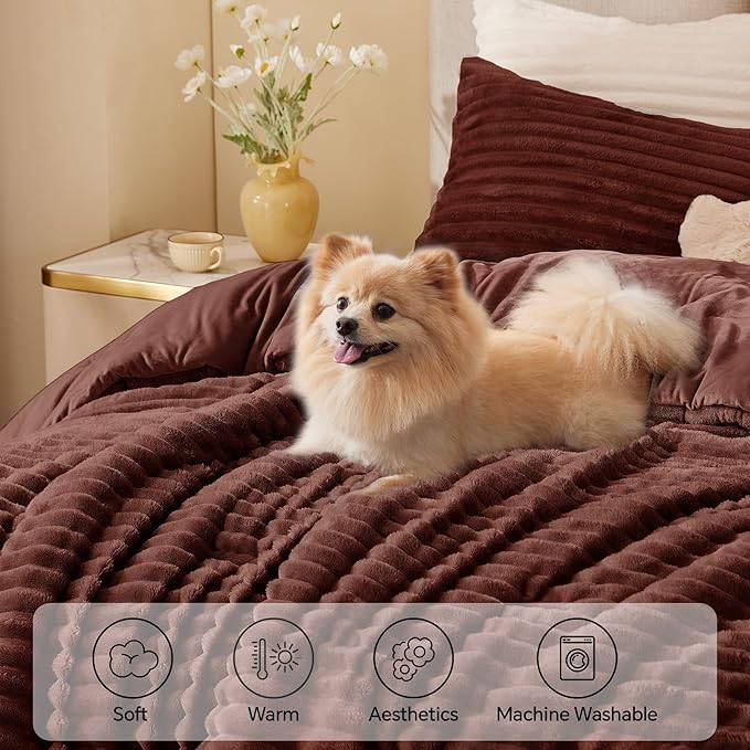 BEDELITE Fleece Twin Comforter Set -Super Soft & Warm Fluffy Hot Chotolate Bedding, Luxury Fuzzy Heavy Bed Set for Winter with 1 Pillow case