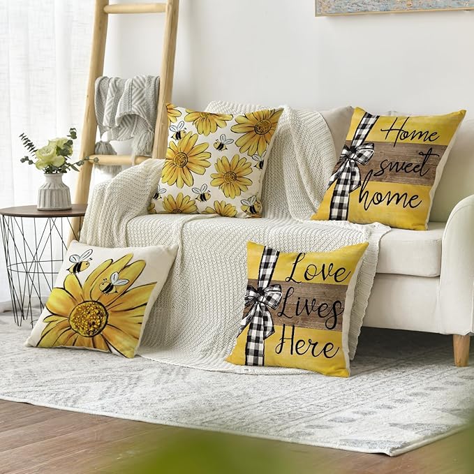 AVOIN colorlife Home Sweet Home Bee Sunflower Throw Pillow Covers, 20 x 20 Inch Love Lives Here Spring Summer Stripes Cushion Case for Sofa Couch Set of 4