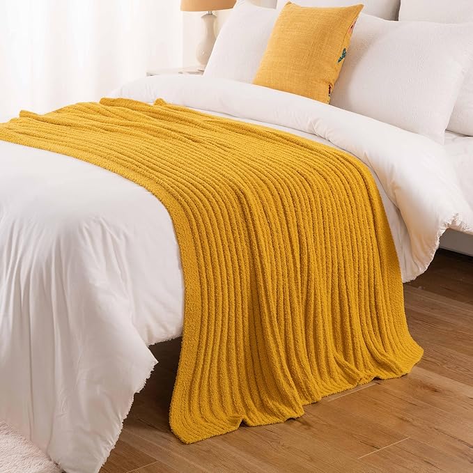 BATTILO Fluffy Soft Yellow Throw Blanket, Fuzzy Plush Mustard Knit Throw Blankets, Warm Lightweight Cozy Blanket for Couch, Bed, Sofa, Home Decor, 50"x60"