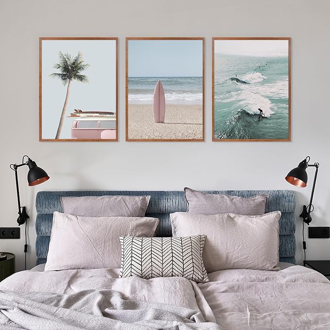 CHDITB Beach Framed Canvas Wall Art Set Of 3, Coastal Wall Decor, Ocean Wave Wall Painting, Palm Tree Seaside Artwork Surfboard Art Prints For Living Room Or Bedroom (12X16 Inch)