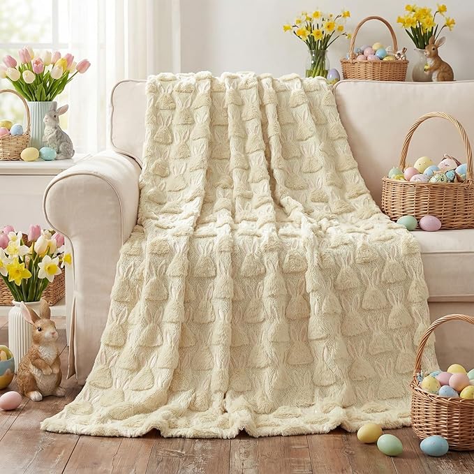Horaldaily Easter Solid Blanket Throw, Beige Rabbits Head Soft Fuzzy Plush Faux Fur Cozy Blankets for Couch Sofa Bed Lounging, Ideal Gifts for Kids Adults Wife Self, 60x80