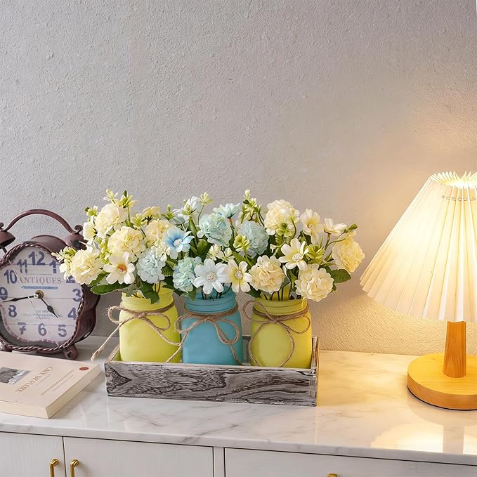 LUEUR Mason Jar Lights Centerpiece with Farmhouse Wood Tray – 3 Jars with Blue & Yellow Hydrangea Flowers, Rustic Spring & Wedding Decoration for Dining Table, Coffee Table, Kitchen & Living Room