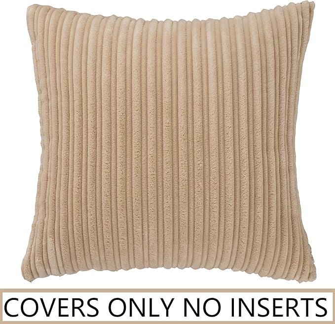UGASA Velvet 20x20 Inch Soft Throw Pillow Cover Decorative Corduroy Striped Both Sides Solid Square Cushion Case Boho Farmhouse for Couch Bedroom Sofa Home, 1 Piece, Beige