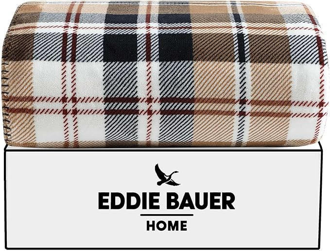 Eddie Bauer - Throw Blanket, Ultra-Soft & Reversible Plush Bedding, Throw Blanket for Couch & Bed (Trailhead Plaid Beige, 60" x 70")