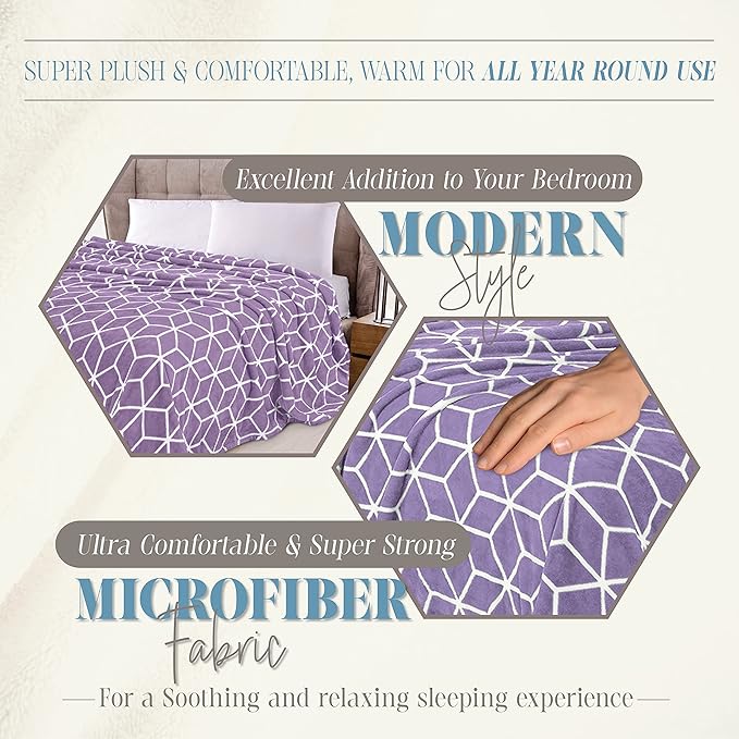 Elegant Comfort Luxury Velvety Feel Blanket, All-Season Lightweight Blanket, Ultra Plush, Soft, Cozy-Fuzzy Flannel Fleece for Couch, Sofa, Bed, Travel, Cube Design, Full/Queen, Lilac