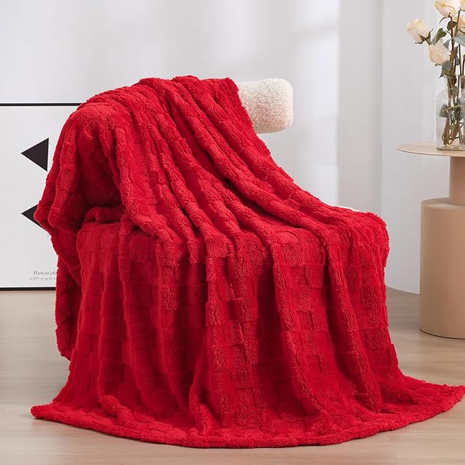 Red Fleece Throw Blanket 60”×80” for Couch Sofa Bed,Super Soft Cozy Plush Microfiber Flannel Blanket with 3D Checkered Design Lightweight for Adults,Woman,Girls